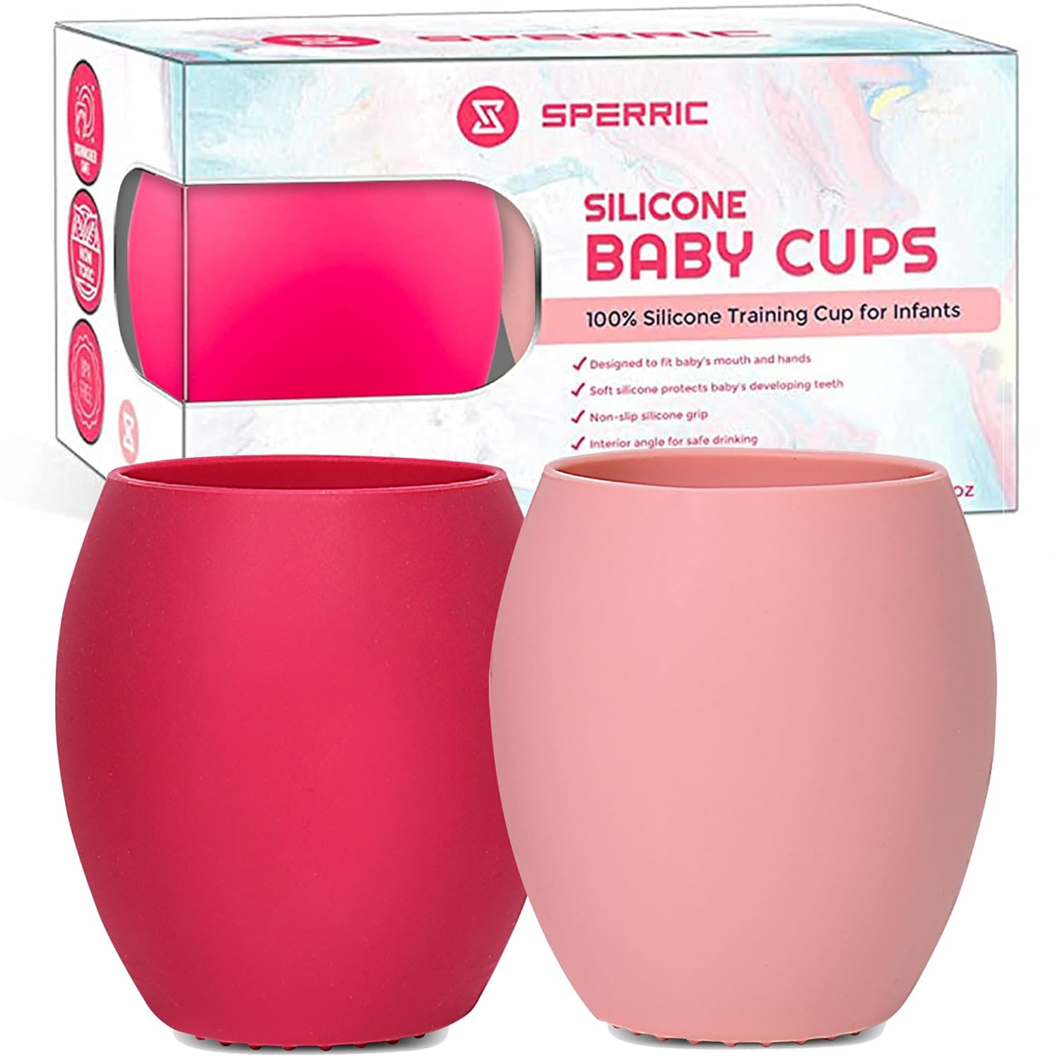 Silicone Baby Cup - Toddler Training Cup - Open Cup for Baby Led Weaning 2 Pack of No Spill Sippy Baby Cups - Soft & Gentle on Gums BPA Free Silicone Baby Cups