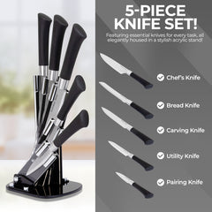 5 Piece Stainless Steel Knife Set with Acrylic Stand - Modern Black Design, Never-Need Sharpening Fine Edge Blades