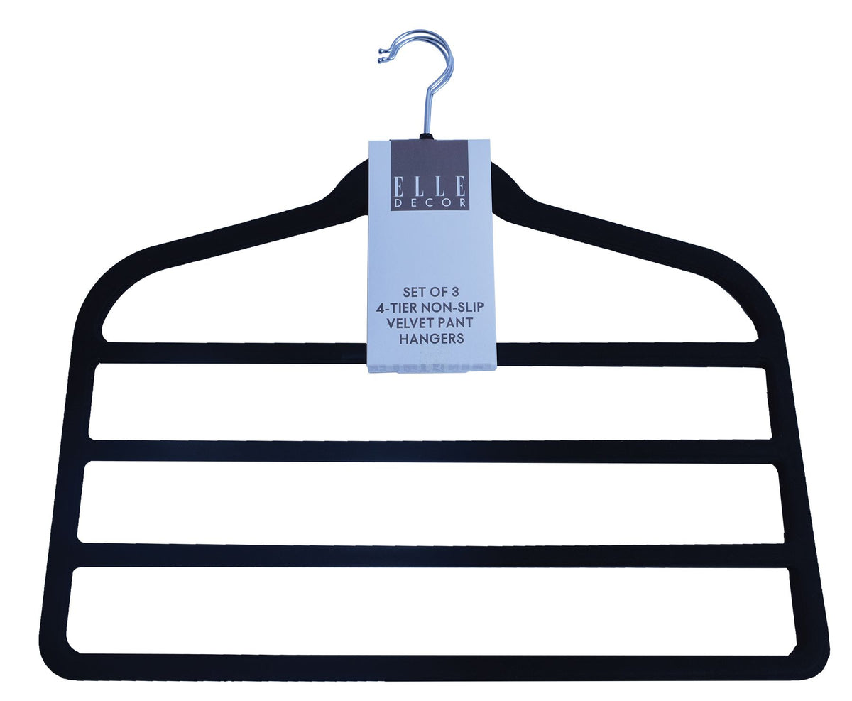 Elle Decor Set of 3 4-Tier Non-Slip Velvet Hangers, Black