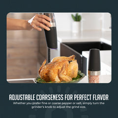 Gravity Electric Pepper and Salt Grinder Set – One-Handed Automatic Operation, Adjustable Coarseness, LED Light, Battery Powered, Ceramic Mechanism