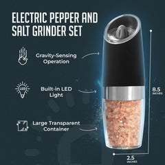 Gravity Electric Pepper and Salt Grinder Set – One-Handed Automatic Operation, Adjustable Coarseness, LED Light, Battery Powered, Ceramic Mechanism