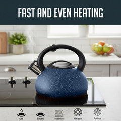 Stainless Steel Whistling Tea Kettle, 3 QT Fast Boil Tea Pot with Heat Resistant Handle, Tapered Marble Finish, Durable Stovetop & Gas Tea Kettles