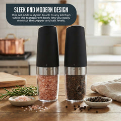 Gravity Electric Pepper and Salt Grinder Set – One-Handed Automatic Operation, Adjustable Coarseness, LED Light, Battery Powered, Ceramic Mechanism