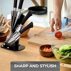 5 Piece Stainless Steel Knife Set with Acrylic Stand - Modern Black Design, Never-Need Sharpening Fine Edge Blades