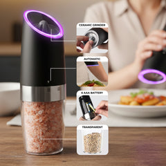 Gravity Electric Pepper and Salt Grinder Set – One-Handed Automatic Operation, Adjustable Coarseness, LED Light, Battery Powered, Ceramic Mechanism