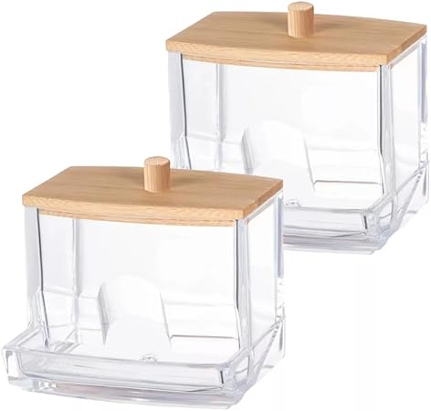Clear Cotton Swab Dispenser with Bamboo Lid—Acrylic Qtips Dispenser, Easy-Access, Cotton Swab and Cotton Ball Holder
