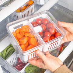 OU Fridge Organizer Bin with Drain Baskets & Vented Lid, 2.3qt Clear Stackable Refrigerator Storage Bin, Produce Kitchen Storage Container, BPA Free