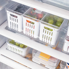 OU Fridge Organizer Bin with Drain Baskets & Vented Lid, 5.3qt Clear Stackable Refrigerator Storage Bin, Produce Kitchen Storage Container, BPA Free
