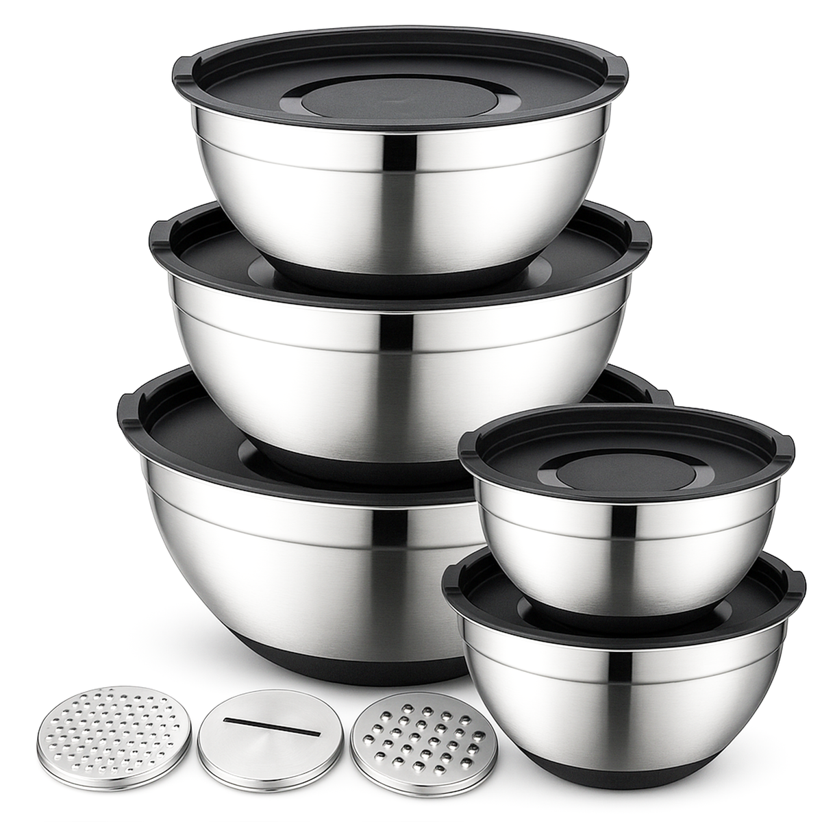 5-Piece Stainless Steel Bowl & Grater Set – 5 Qt Mixing Bowl with Lids and 3-Piece Grater