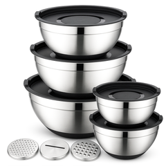 5-Piece Stainless Steel Bowl & Grater Set – 5 Qt Mixing Bowl with Lids and 3-Piece Grater