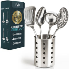 5 Pc Stainless Steel Cooking Utensil Set with Holder - Includes Ladle, Skimmer, Serving Spoon, and Countertop Holder
