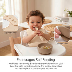Baby Feeding Set, Silicone Bib, Bowl & Spoons for Self-Feeding First Stage Baby Essentials – Gum Friendly, BPA-Free, Easy to Clean & Safe for Babies