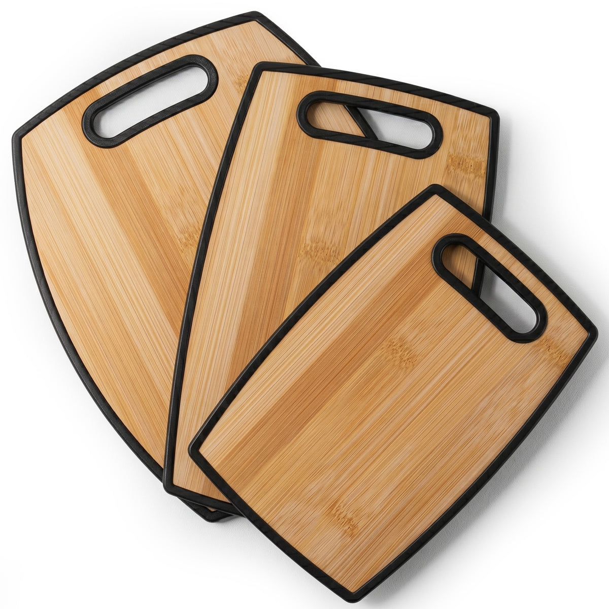 3Pc Bamboo-Designed Cutting Board Set, 8"x12", 9"x14", 12"x15", Plastic with Handle, Dishwasher Safe, Portable and Stylish