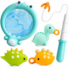 Fun Dinosaur Fishing Game for Kids, 4 Pack Magnetic Floating Bath & Pool Toy Set with Wind-Up Rods, Engaging Water Play for Toddlers 1-4