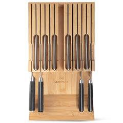 Bamboo Knife Block Drawer Organizer, Nonslip, Durable In Drawer Wooden Knife Storage, Space Saving Kitchen Knife Organizer, Holds up to 12 Knives