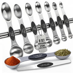 Magnetic Measuring Spoons with Leveler Set, Dual Sided Stainless Steel, Strong N40 Magnets Nesting Measuring Spoon for Baking & Cooking