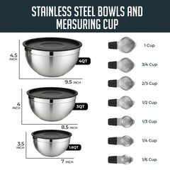 10 Piece Mixing Bowls & Measuring Cups Set, Stainless Steel Mixing Bowl with Lids, Magnetic Measuring Cups, Nonslip Nesting Bowls for Baking & Cooking