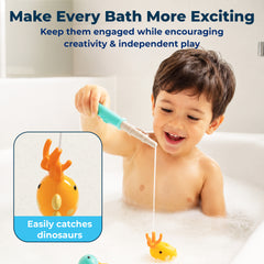 Fun Dinosaur Fishing Game for Kids, 4 Pack Magnetic Floating Bath & Pool Toy Set with Wind-Up Rods, Engaging Water Play for Toddlers 1-4
