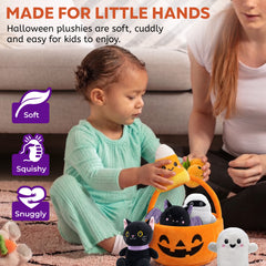 Halloween Baby Plush Toys Playset, Halloween Pumpkin Basket Party Favor Toy Set, Cute Halloween Stuffed Animals, Goodie Bag Stuffers Gifts for Kids