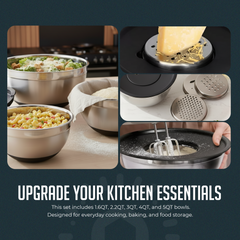 5-Piece Stainless Steel Bowl & Grater Set – 5 Qt Mixing Bowl with Lids and 3-Piece Grater