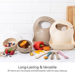 Baby Feeding Set, Silicone Bib, Bowl & Spoons for Self-Feeding First Stage Baby Essentials – Gum Friendly, BPA-Free, Easy to Clean & Safe for Babies