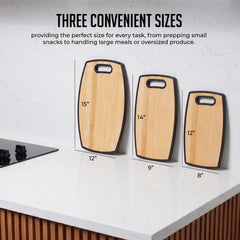 3Pc Bamboo-Designed Cutting Board Set, 8"x12", 9"x14", 12"x15", Plastic with Handle, Dishwasher Safe, Portable and Stylish