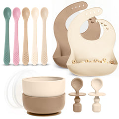 Baby Feeding Set, Silicone Bib, Bowl & Spoons for Self-Feeding First Stage Baby Essentials – Gum Friendly, BPA-Free, Easy to Clean & Safe for Babies