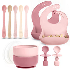 Baby Feeding Set, Silicone Bib, Bowl & Spoons for Self-Feeding First Stage Baby Essentials – Gum Friendly, BPA-Free, Easy to Clean & Safe for Babies