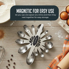 Magnetic Measuring Spoons with Leveler Set, Dual Sided Stainless Steel, Strong N40 Magnets Nesting Measuring Spoon for Baking & Cooking