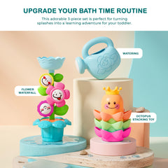 3 Pieces Bath Toys for Toddlers, Flower Waterfalls Waterwheel Bath Tub Toys with Suction Cup for Toddlers 1-3