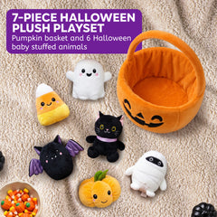 Halloween Baby Plush Toys Playset, Halloween Pumpkin Basket Party Favor Toy Set, Cute Halloween Stuffed Animals, Goodie Bag Stuffers Gifts for Kids