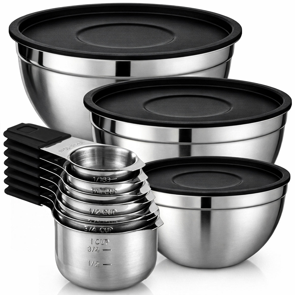 10 Piece Mixing Bowls & Measuring Cups Set, Stainless Steel Mixing Bowl with Lids, Magnetic Measuring Cups, Nonslip Nesting Bowls for Baking & Cooking