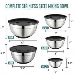5-Piece Stainless Steel Bowl & Grater Set – 5 Qt Mixing Bowl with Lids and 3-Piece Grater