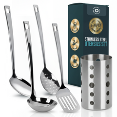 5 Pc Stainless Steel Cooking Utensil Set with Holder - Includes Ladle, Skimmer, Serving Spoon, and Countertop Holder