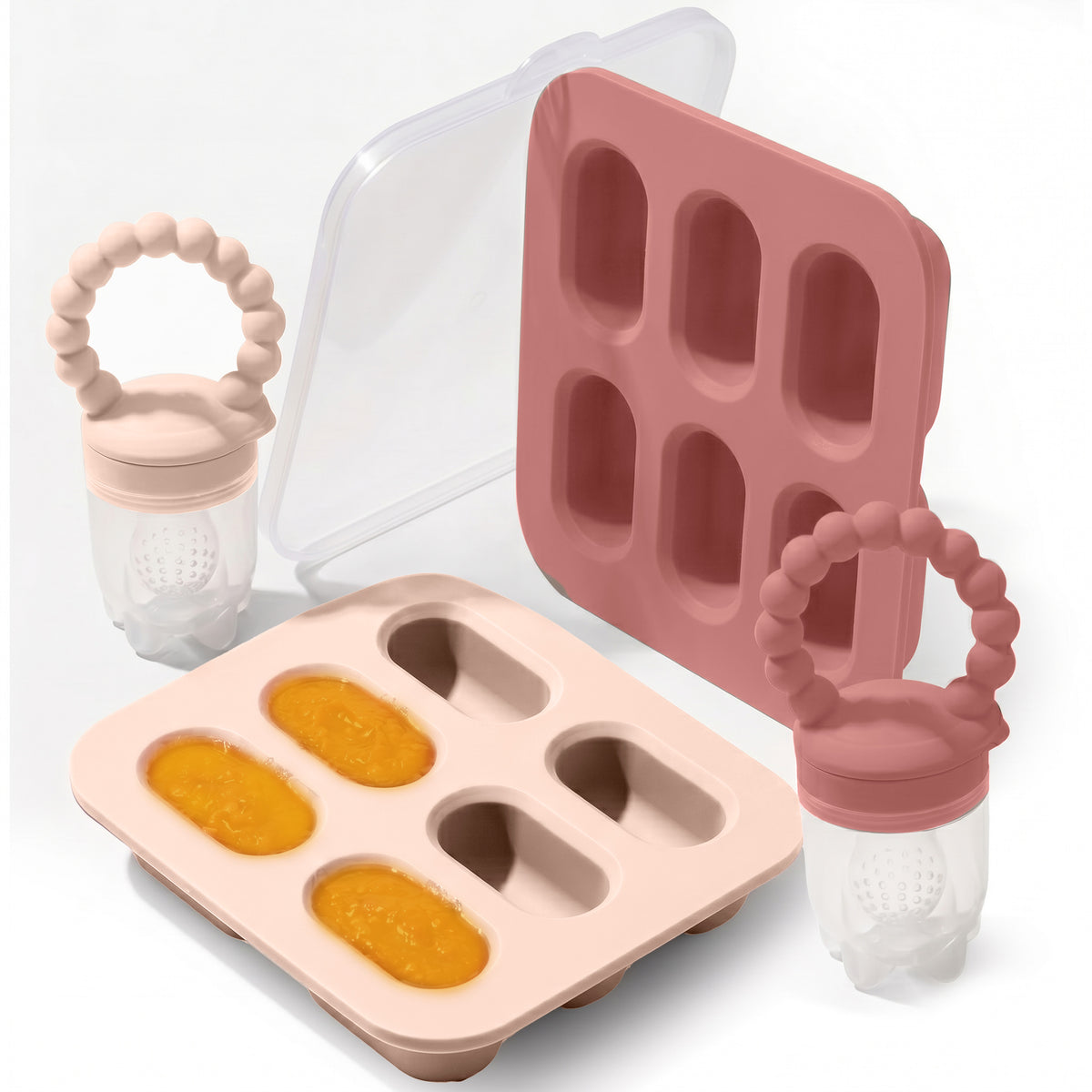 Silicone Baby Fruit Feeders with Freezer Tray for Batch Prep, Set of 2 – Safe & Convenient, Includes Extra Pouches & Travel Lids, Dishwasher Safe