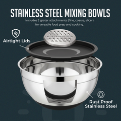 5-Piece Stainless Steel Bowl & Grater Set – 5 Qt Mixing Bowl with Lids and 3-Piece Grater