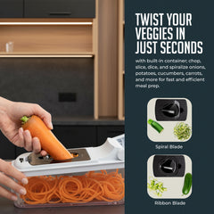 Multipurpose Vegetable Chopper and Spiralizer, 4-in-1 Heavy Duty Manual Food Slicer and Kitchen Dicer & Meal Prep Container for Potatoes, and Veggies