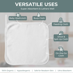 Organic Baby Washcloths, 10x10" Ultra Soft Absorbent Face Wash Cloths for Babies, Baby Wash Cloth, Newborn Bath Towels, Holiday Baby Gifts 6 Pack