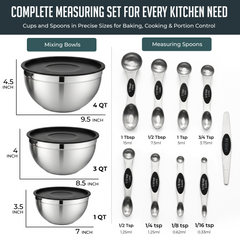 12 Piece Kitchen Mixing & Measuring Set, Stainless Steel Mixing Bowl with Lids and Nesting Magnetic Measuring Spoons for Baking & Cooking