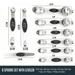 Magnetic Measuring Spoons with Leveler Set, Dual Sided Stainless Steel, Strong N40 Magnets Nesting Measuring Spoon for Baking & Cooking