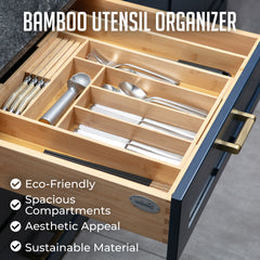 Expandable Bamboo Utensil Drawer Organizer, Wooden Utensil Tray, Non-Slip, Durable Cutlery Divider for Kitchen Flatware & Utensils