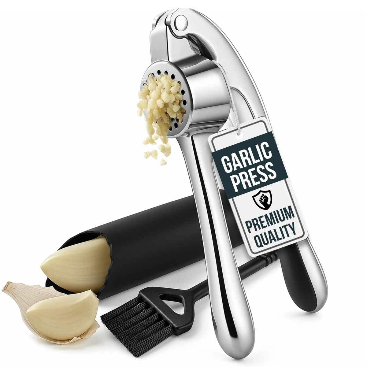 Garlic Press Set, Garlic Mincer with Silicone Peeler and Cleaning Brush, Easy Squeeze Ergonomic Handle, Rust Proof & Dishwasher Safe Garlic Crusher