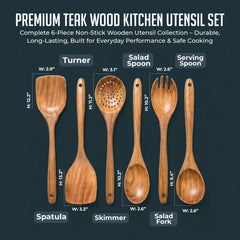 Premium Natural Teak Wood Kitchen Utensil Set, Spoons & Spatula Wooden Cooking Utensils Set, Non-Stick Hand Wash Kitchen Tool Set, 6 Piece Utensil Set