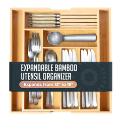 Expandable Bamboo Utensil Drawer Organizer, Wooden Utensil Tray, Non-Slip, Durable Cutlery Divider for Kitchen Flatware & Utensils