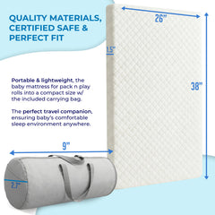 Pack and Play Mattress w/ Travel Carry Bag, Playard Mattress 38"x26" Pack N Play Mattress Topper Washable Waterproof Cover. Hypoallergenic 1.5" Thick