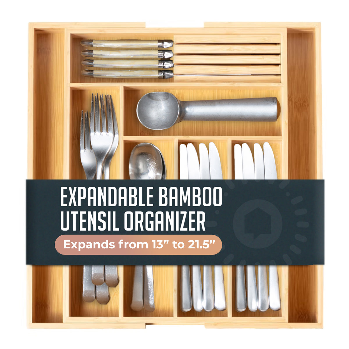 Expandable Bamboo Utensil Drawer Organizer, Wooden Utensil Tray, Non-Slip, Durable Cutlery Divider for Kitchen Flatware & Utensils