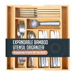 Expandable Bamboo Utensil Drawer Organizer, Wooden Utensil Tray, Non-Slip, Durable Cutlery Divider for Kitchen Flatware & Utensils