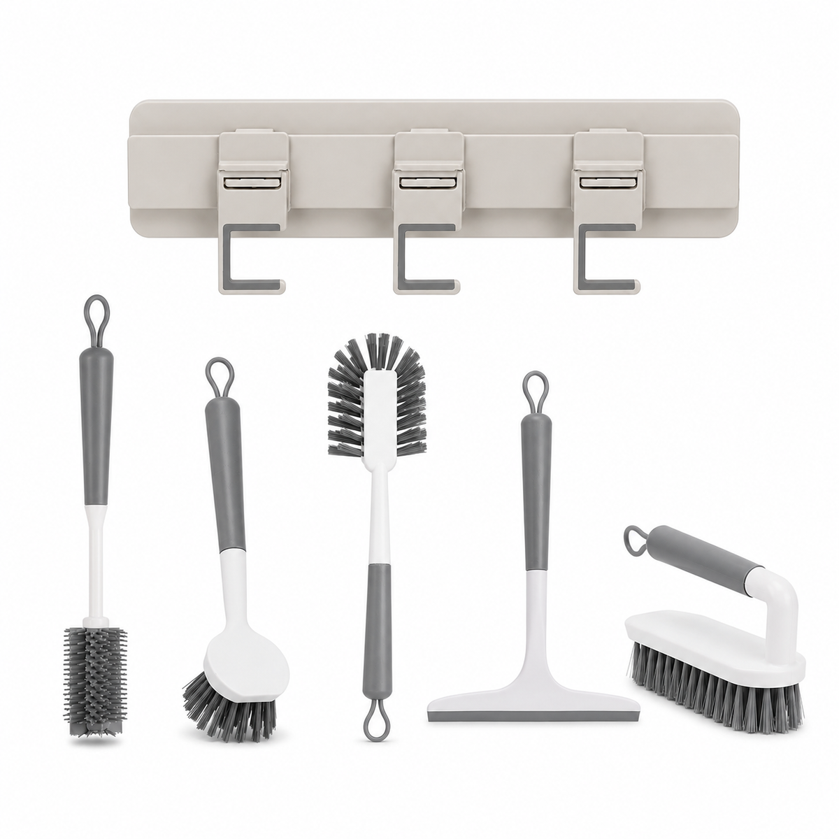 OU Bathroom & Kitchen Cleaning Organization Set, Wall Mounted Hook Rack with 4 Sliding Hooks, Scrub Brushes, Bottle Brush & Silicone Squeegee