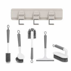 OU Bathroom & Kitchen Cleaning Organization Set, Wall Mounted Hook Rack with 4 Sliding Hooks, Scrub Brushes, Bottle Brush & Silicone Squeegee