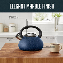 Stainless Steel Whistling Tea Kettle, 2.4qt Fast Boil Tea Pot with Heat Resistant Handle, Tapered Marble Finish, Durable Stovetop & Gas Tea Kettles